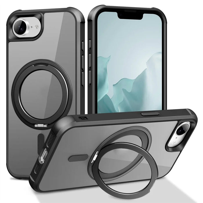For iPhone 17e / 16e Case Magnetic Rotatable Ring Kickstand TPU + PC Phone Cover - Black - 1