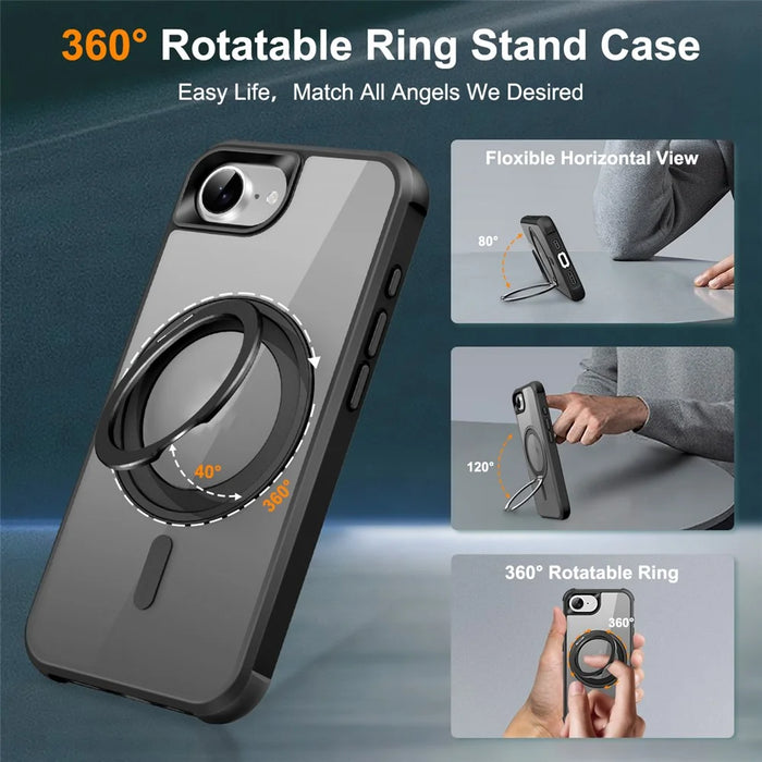 For iPhone 17e / 16e Case Magnetic Rotatable Ring Kickstand TPU + PC Phone Cover - Black - 2