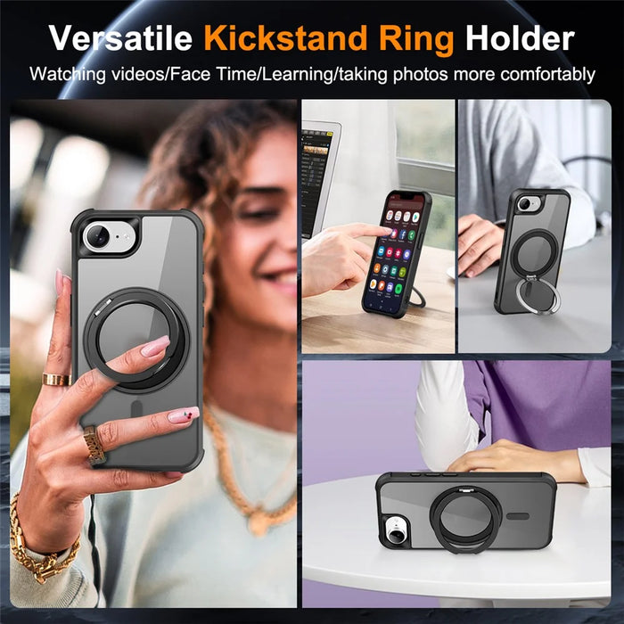 For iPhone 17e / 16e Case Magnetic Rotatable Ring Kickstand TPU + PC Phone Cover - Black - 4