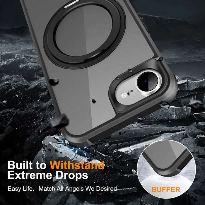For iPhone 17e / 16e Case Magnetic Rotatable Ring Kickstand TPU + PC Phone Cover - Black - 6