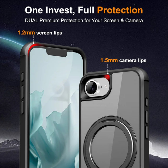 For iPhone 17e / 16e Case Magnetic Rotatable Ring Kickstand TPU + PC Phone Cover - Black - 7