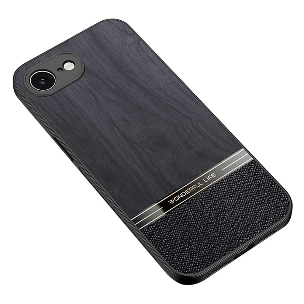 For iPhone 17e / 16e Case Wood Texture Leather + TPU Protective Phone Cover - Black - 1