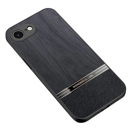 For iPhone 17e / 16e Case Wood Texture Leather + TPU Protective Phone Cover - Black - 1