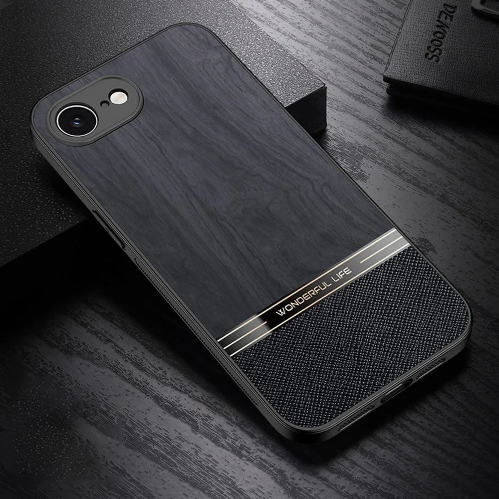 For iPhone 17e / 16e Case Wood Texture Leather + TPU Protective Phone Cover - Black - 2
