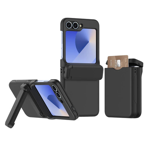 For Samsung Galaxy Z Flip5 5G Case Spring Hinge Kickstand PC Folding Phone Cover with Card Slot - Black - 1
