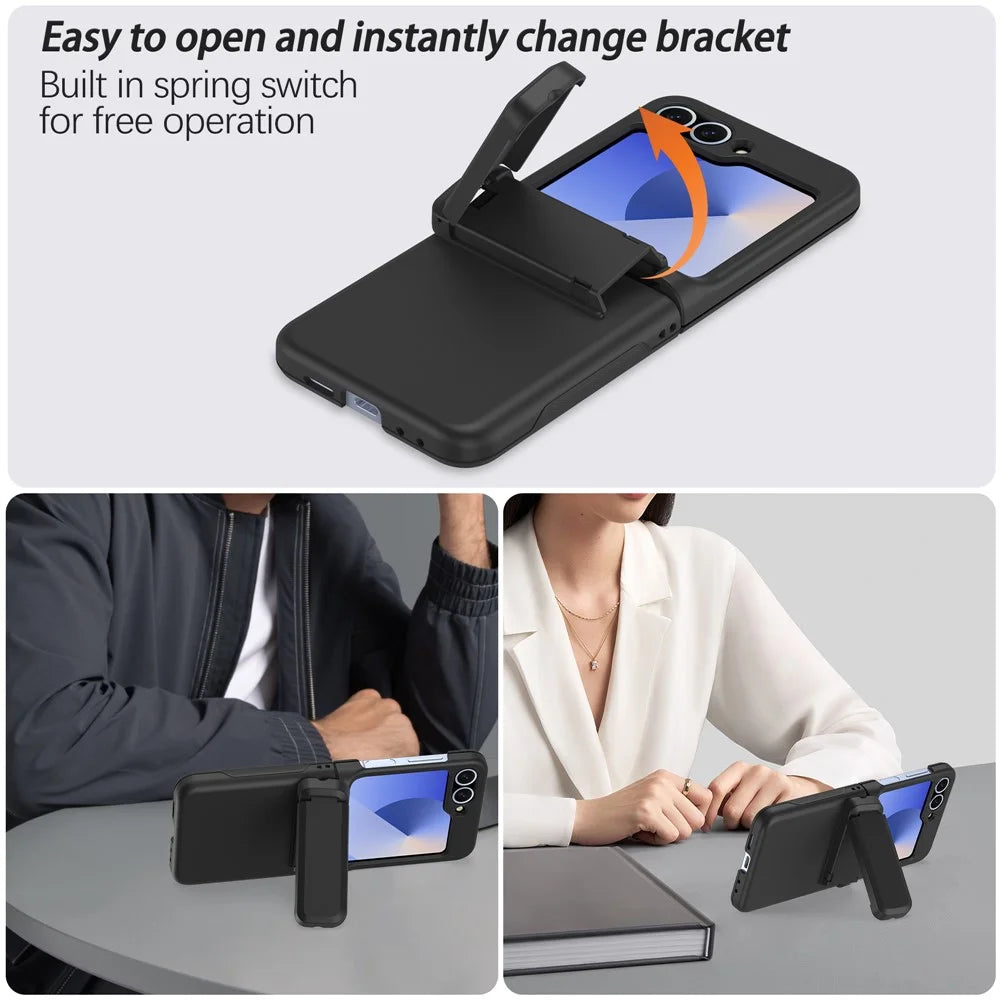 For Samsung Galaxy Z Flip5 5G Case Spring Hinge Kickstand PC Folding Phone Cover with Card Slot - Black - 3