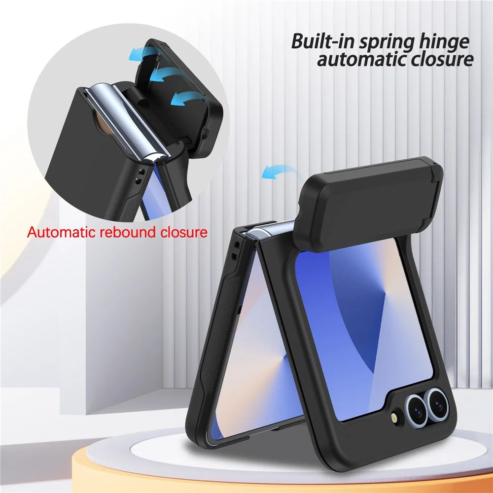 For Samsung Galaxy Z Flip5 5G Case Spring Hinge Kickstand PC Folding Phone Cover with Card Slot - Black - 5