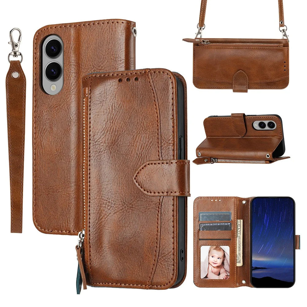 For Samsung Galaxy S25 Edge Case Zipper Pocket Leather Phone Cover with Crossbody Shoulder Strap - Brown - 1