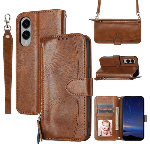 For Samsung Galaxy S25 Edge Case Zipper Pocket Leather Phone Cover with Crossbody Shoulder Strap - Brown - 1