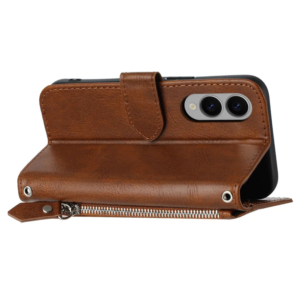 For Samsung Galaxy S25 Edge Case Zipper Pocket Leather Phone Cover with Crossbody Shoulder Strap - Brown - 3
