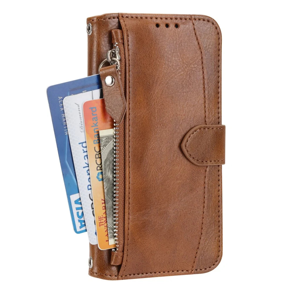 For Samsung Galaxy S25 Edge Case Zipper Pocket Leather Phone Cover with Crossbody Shoulder Strap - Brown - 5
