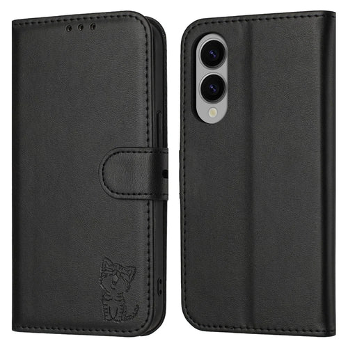 For Samsung Galaxy S25 Edge Case Happy Cat Pattern Imprinted Leather Wallet Phone Cover - Black - 1