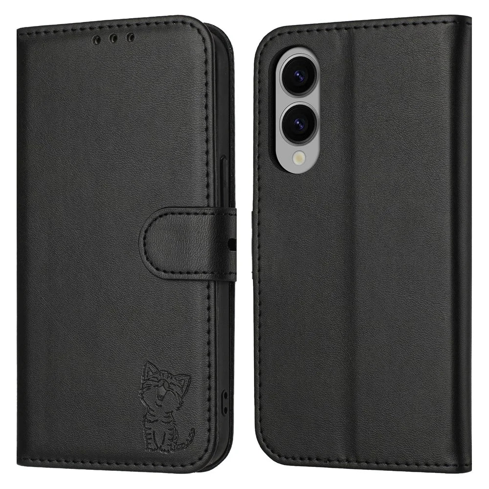 For Samsung Galaxy S25 Edge Case Happy Cat Pattern Imprinted Leather Wallet Phone Cover - Black - 1