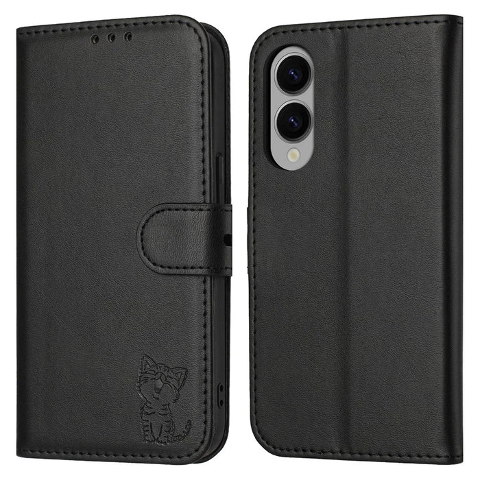 For Samsung Galaxy S25 Edge Case Happy Cat Pattern Imprinted Leather Wallet Phone Cover - Black - 1