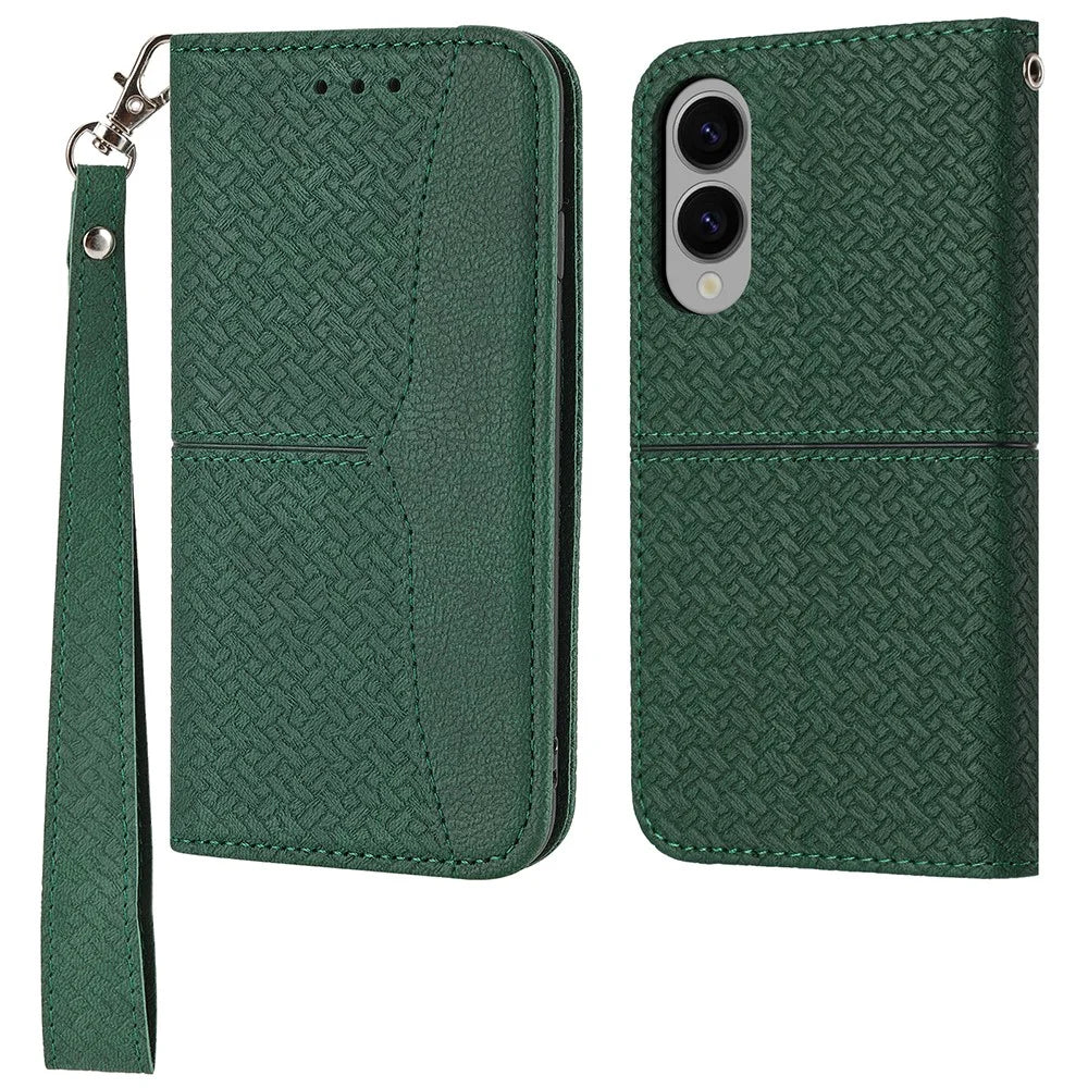 For Samsung Galaxy S25 Edge Case Woven Texture PU Leather Wallet Phone Cover - Green - 1