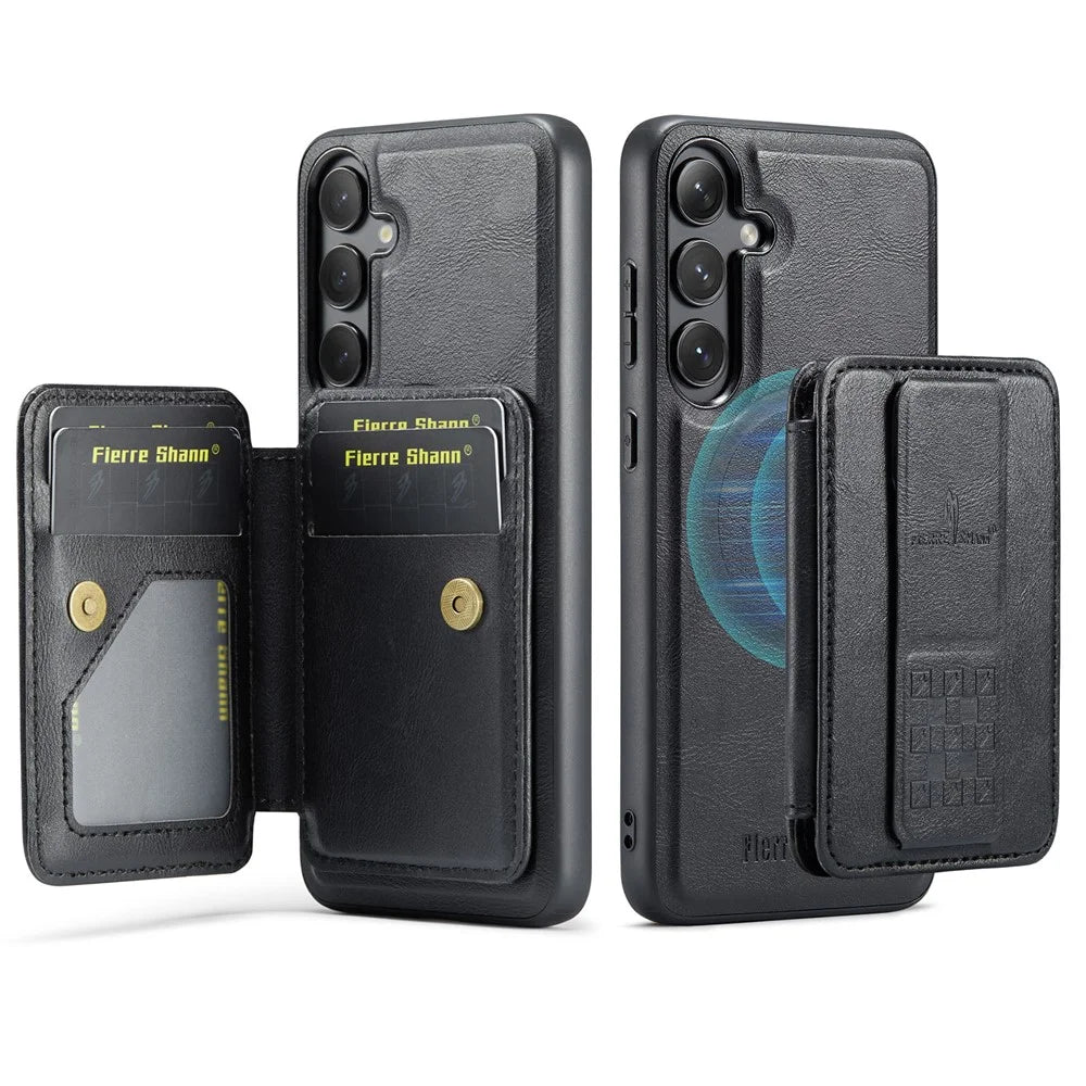FIERRE SHANN 028 Style For Samsung	Galaxy S24 FE Case Kickstand Leather Back Cover with Magnetic Detachable Card Slots - Black - 1