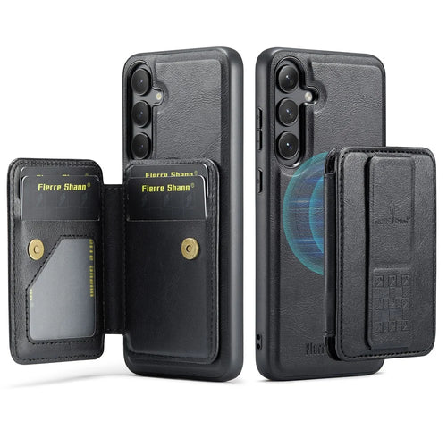 FIERRE SHANN 028 Style For Samsung	Galaxy S24 FE Case Kickstand Leather Back Cover with Magnetic Detachable Card Slots - Black - 1