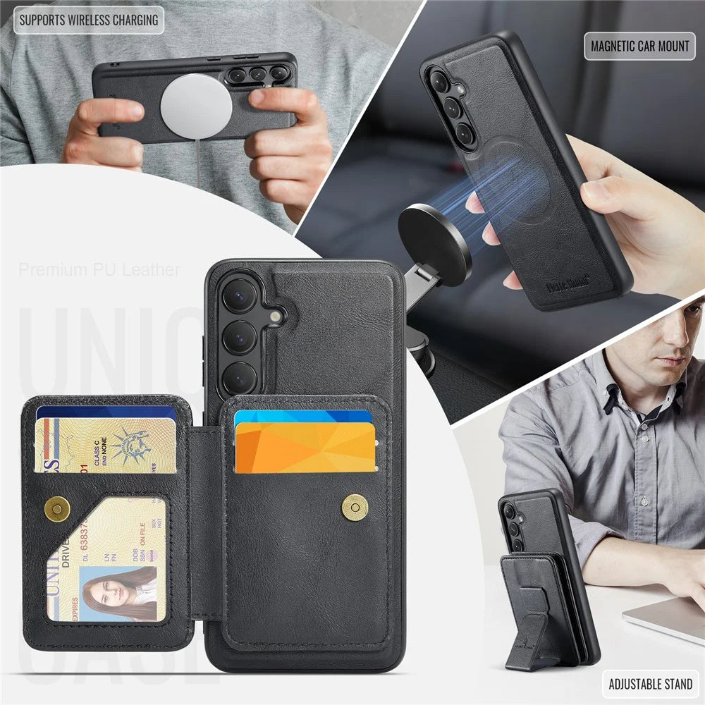 FIERRE SHANN 028 Style For Samsung	Galaxy S24 FE Case Kickstand Leather Back Cover with Magnetic Detachable Card Slots - Black - 6