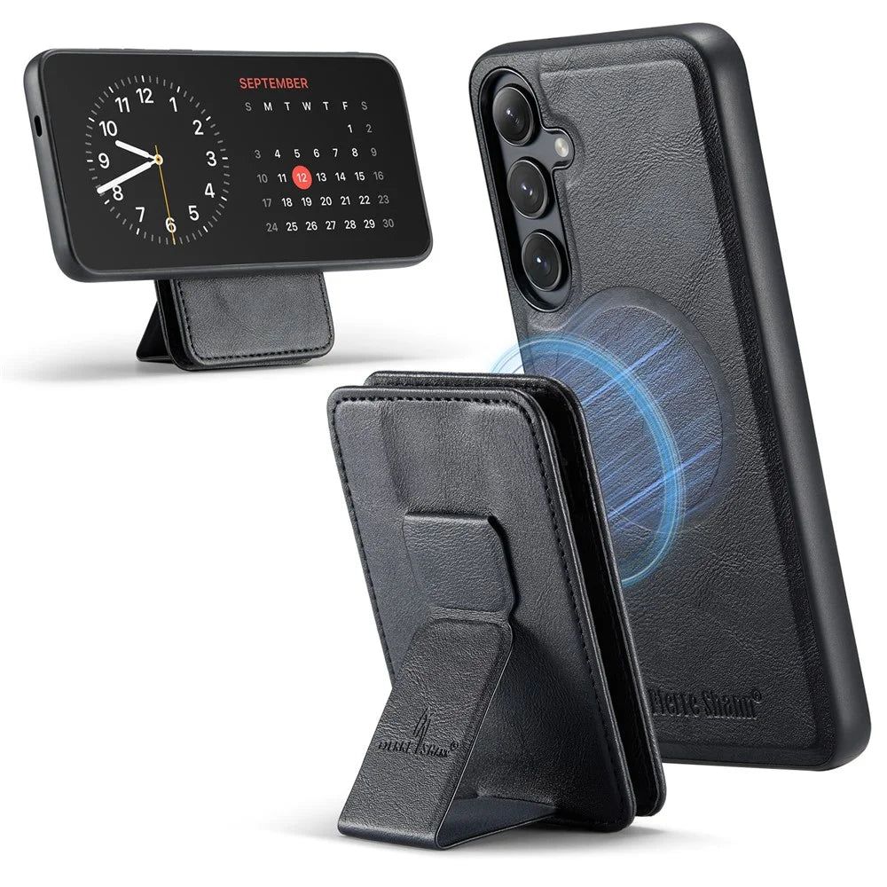 FIERRE SHANN 028 Style For Samsung	Galaxy S25 Case Kickstand Leather Back Cover with Magnetic Detachable Card Slots - Black - 2