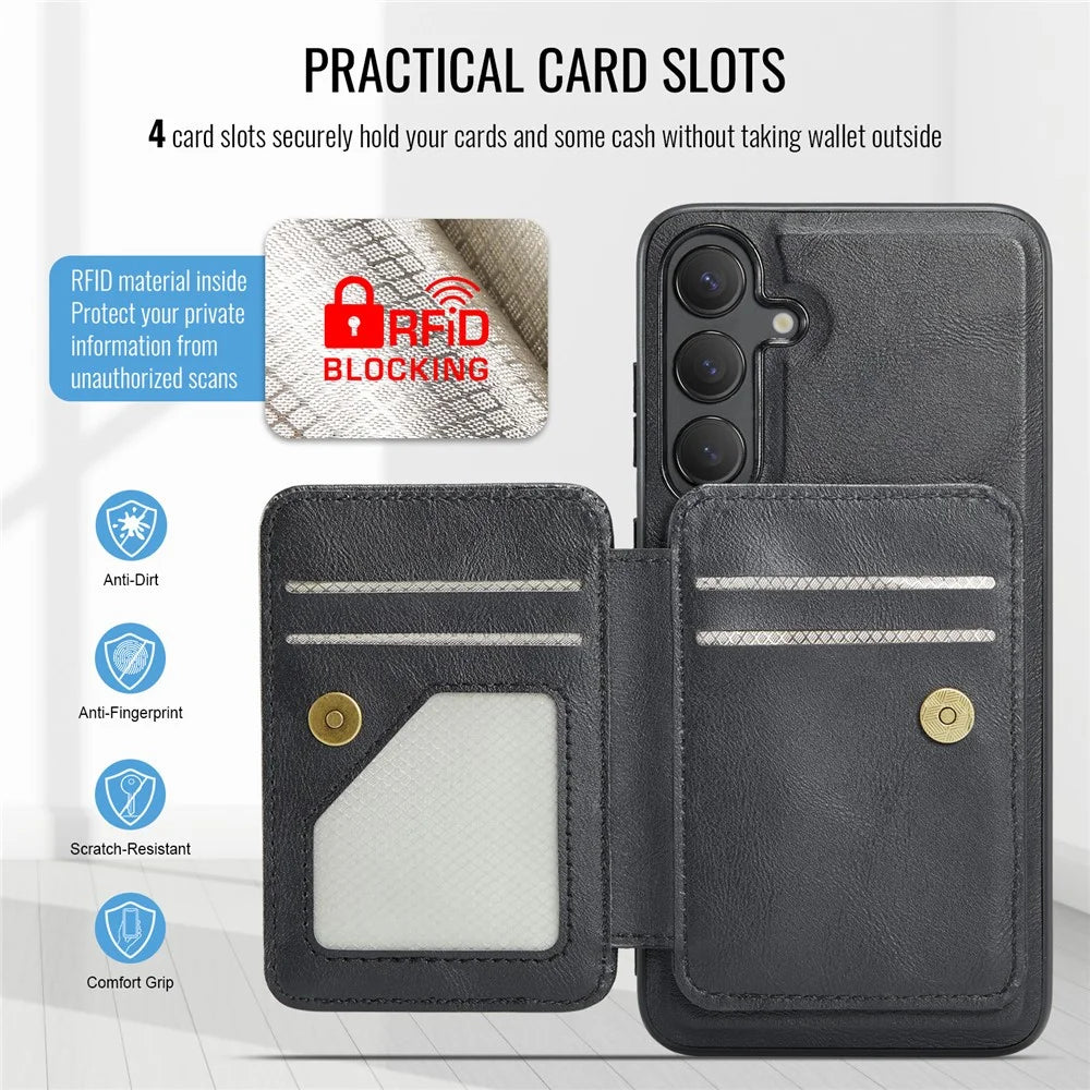 FIERRE SHANN 028 Style For Samsung	Galaxy S25 Case Kickstand Leather Back Cover with Magnetic Detachable Card Slots - Black - 7