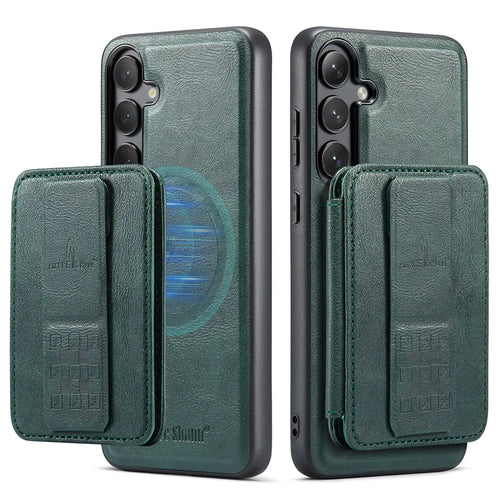 FIERRE SHANN 028 Style For Samsung	Galaxy S25+ Case Kickstand Leather Back Cover with Magnetic Detachable Card Slots - Green - 1