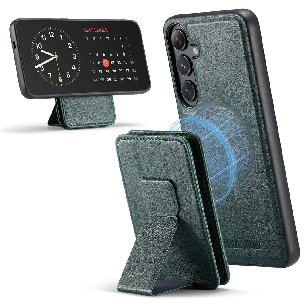 FIERRE SHANN 028 Style For Samsung	Galaxy S25+ Case Kickstand Leather Back Cover with Magnetic Detachable Card Slots - Green - 2