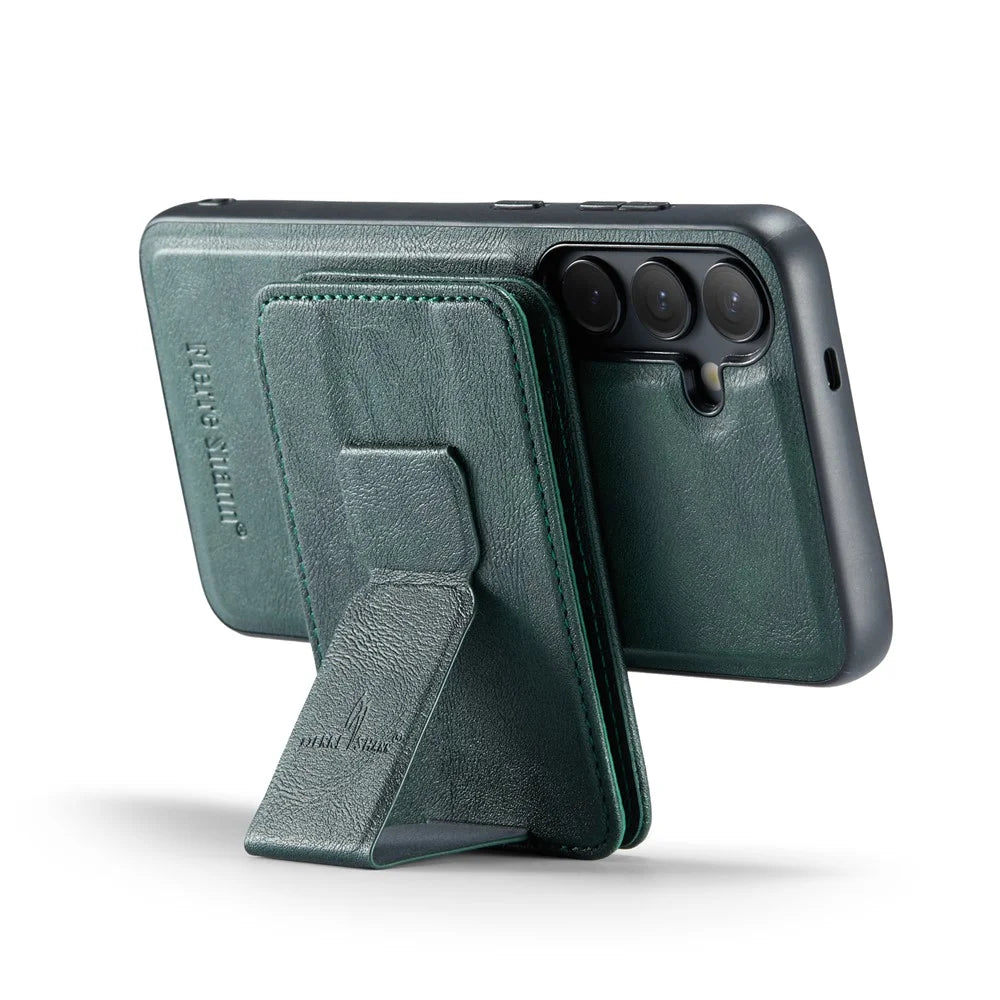 FIERRE SHANN 028 Style For Samsung	Galaxy S25+ Case Kickstand Leather Back Cover with Magnetic Detachable Card Slots - Green - 3