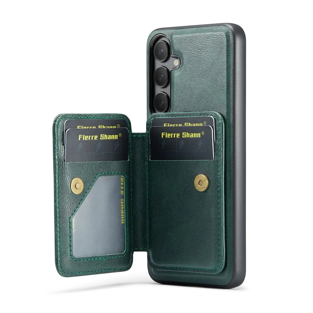FIERRE SHANN 028 Style For Samsung	Galaxy S25+ Case Kickstand Leather Back Cover with Magnetic Detachable Card Slots - Green - 4