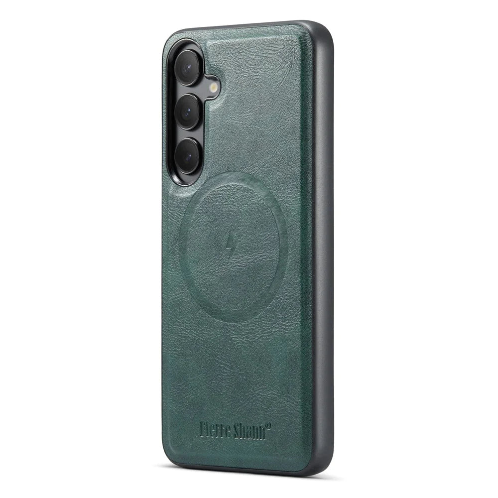 FIERRE SHANN 028 Style For Samsung	Galaxy S25+ Case Kickstand Leather Back Cover with Magnetic Detachable Card Slots - Green - 5