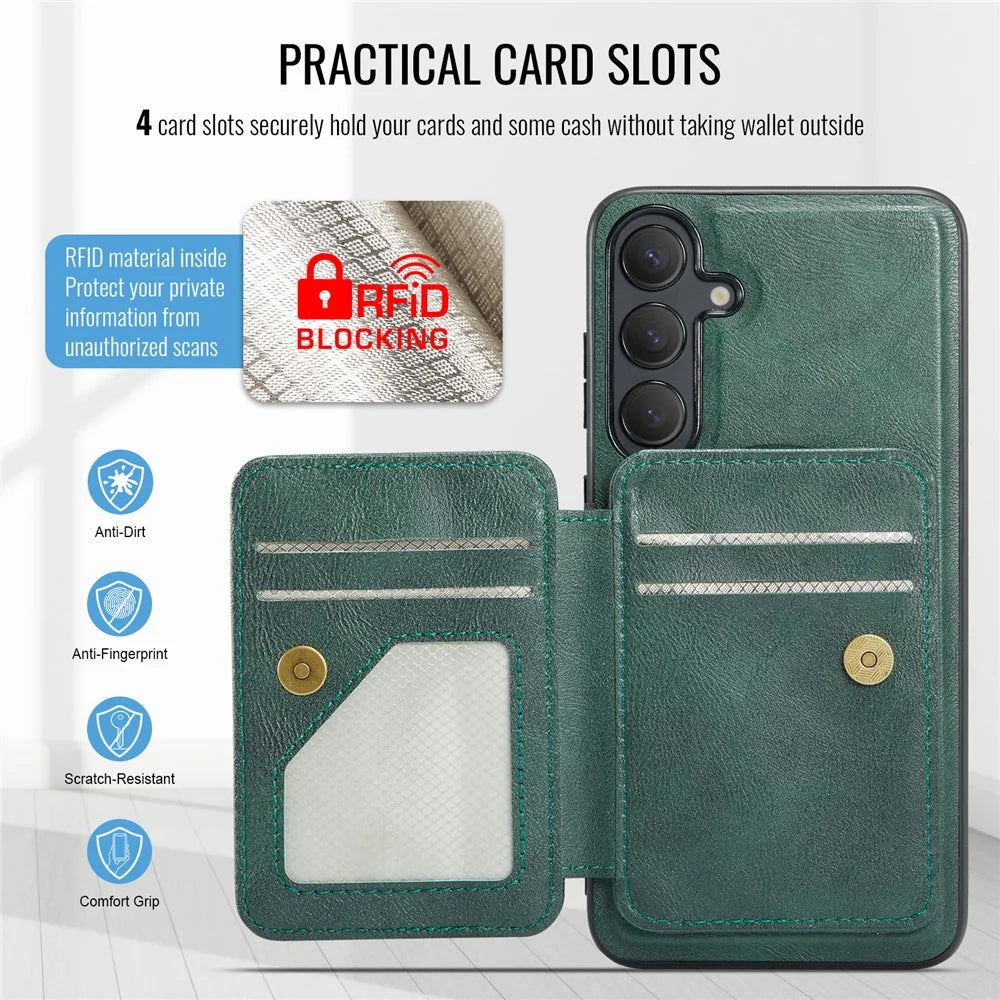 FIERRE SHANN 028 Style For Samsung	Galaxy S25+ Case Kickstand Leather Back Cover with Magnetic Detachable Card Slots - Green - 6
