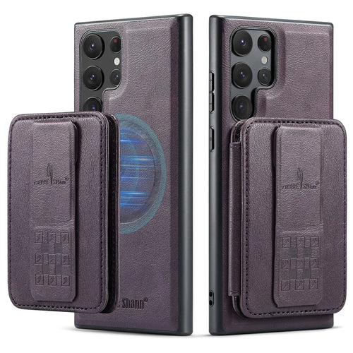 FIERRE SHANN 028 Style For Samsung	Galaxy S25 Ultra Case Kickstand Leather Back Cover with Magnetic Detachable Card Slots - Purple - 1