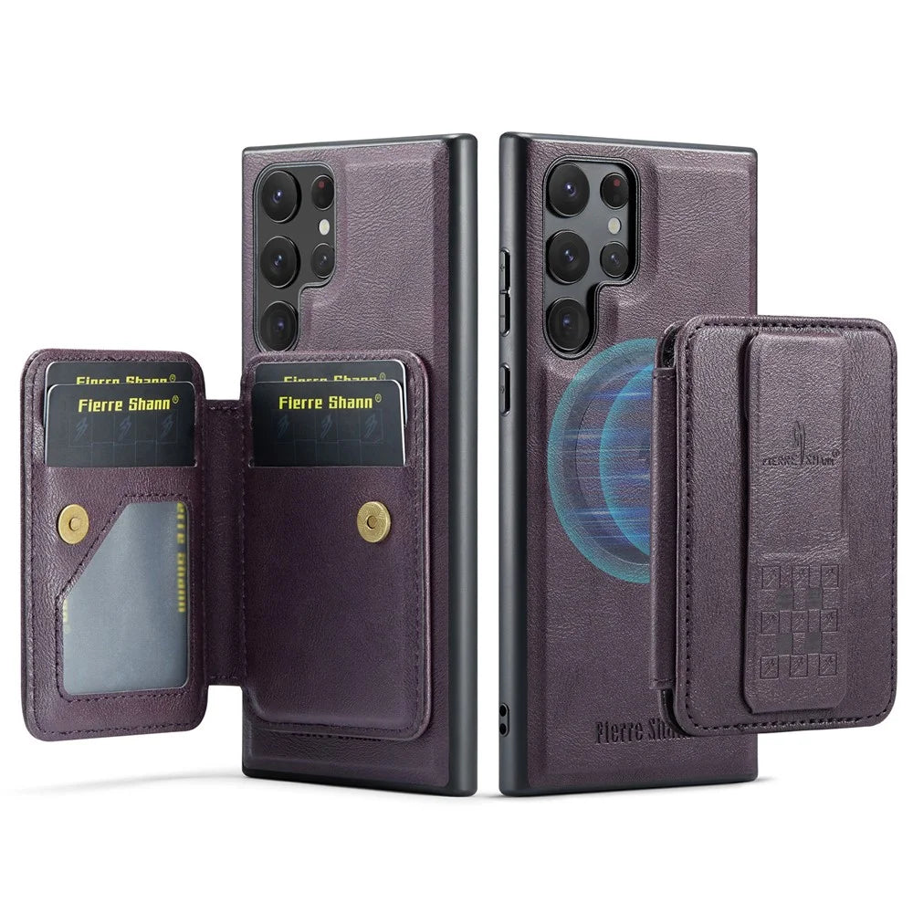 FIERRE SHANN 028 Style For Samsung	Galaxy S25 Ultra Case Kickstand Leather Back Cover with Magnetic Detachable Card Slots - Purple - 3