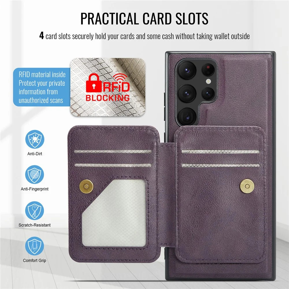 FIERRE SHANN 028 Style For Samsung	Galaxy S25 Ultra Case Kickstand Leather Back Cover with Magnetic Detachable Card Slots - Purple - 4
