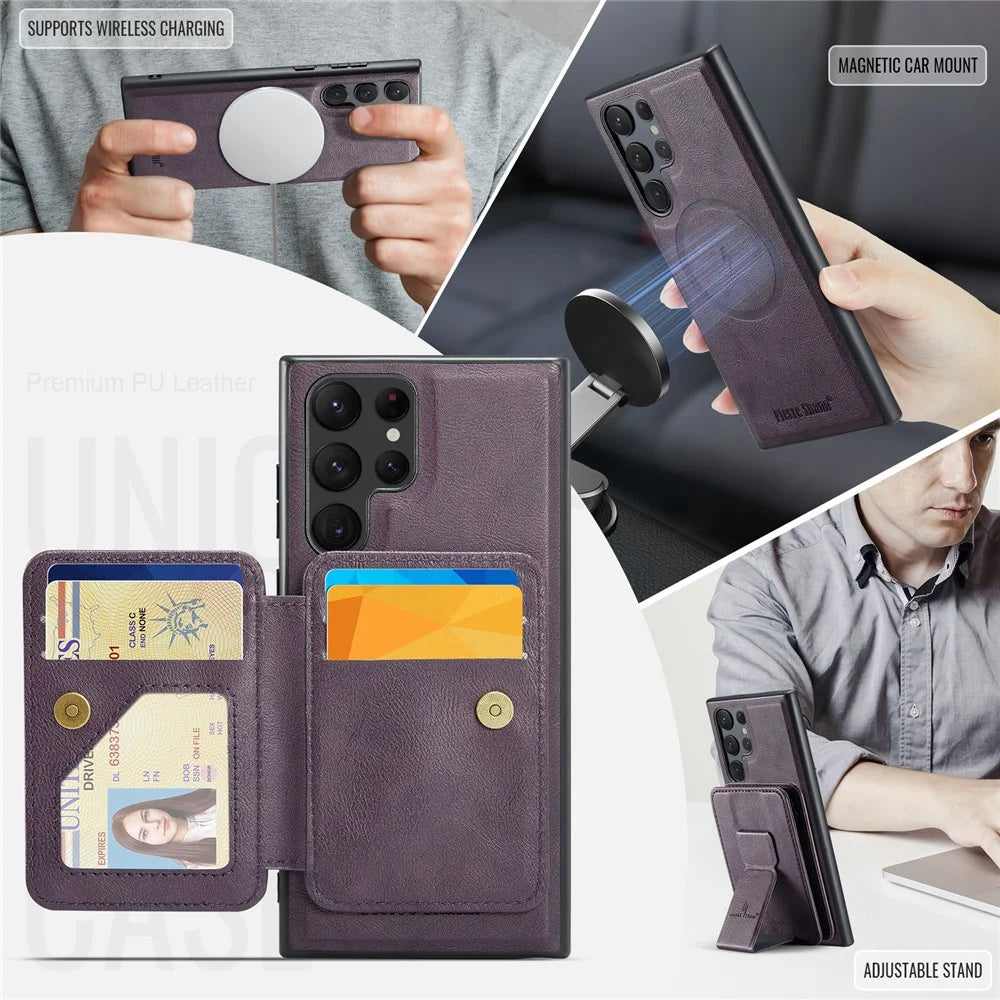FIERRE SHANN 028 Style For Samsung	Galaxy S25 Ultra Case Kickstand Leather Back Cover with Magnetic Detachable Card Slots - Purple - 6