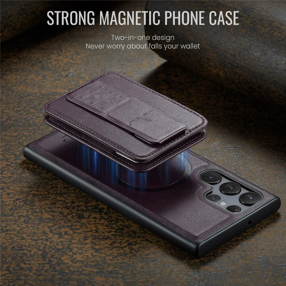 FIERRE SHANN 028 Style For Samsung	Galaxy S25 Ultra Case Kickstand Leather Back Cover with Magnetic Detachable Card Slots - Purple - 7