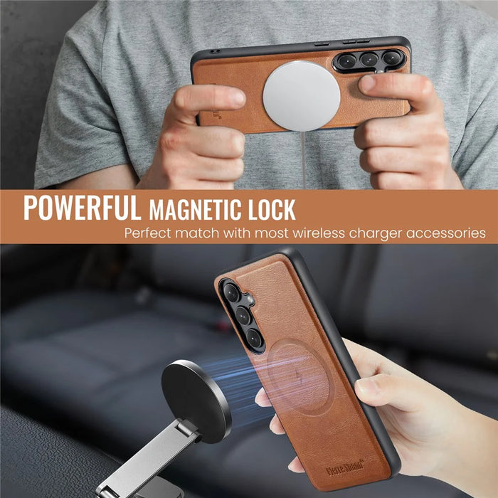 FIERRE SHANN 027 For Samsung Galaxy S24 FE Magnetic Case Leather + TPU Phone Cover - Brown - 3