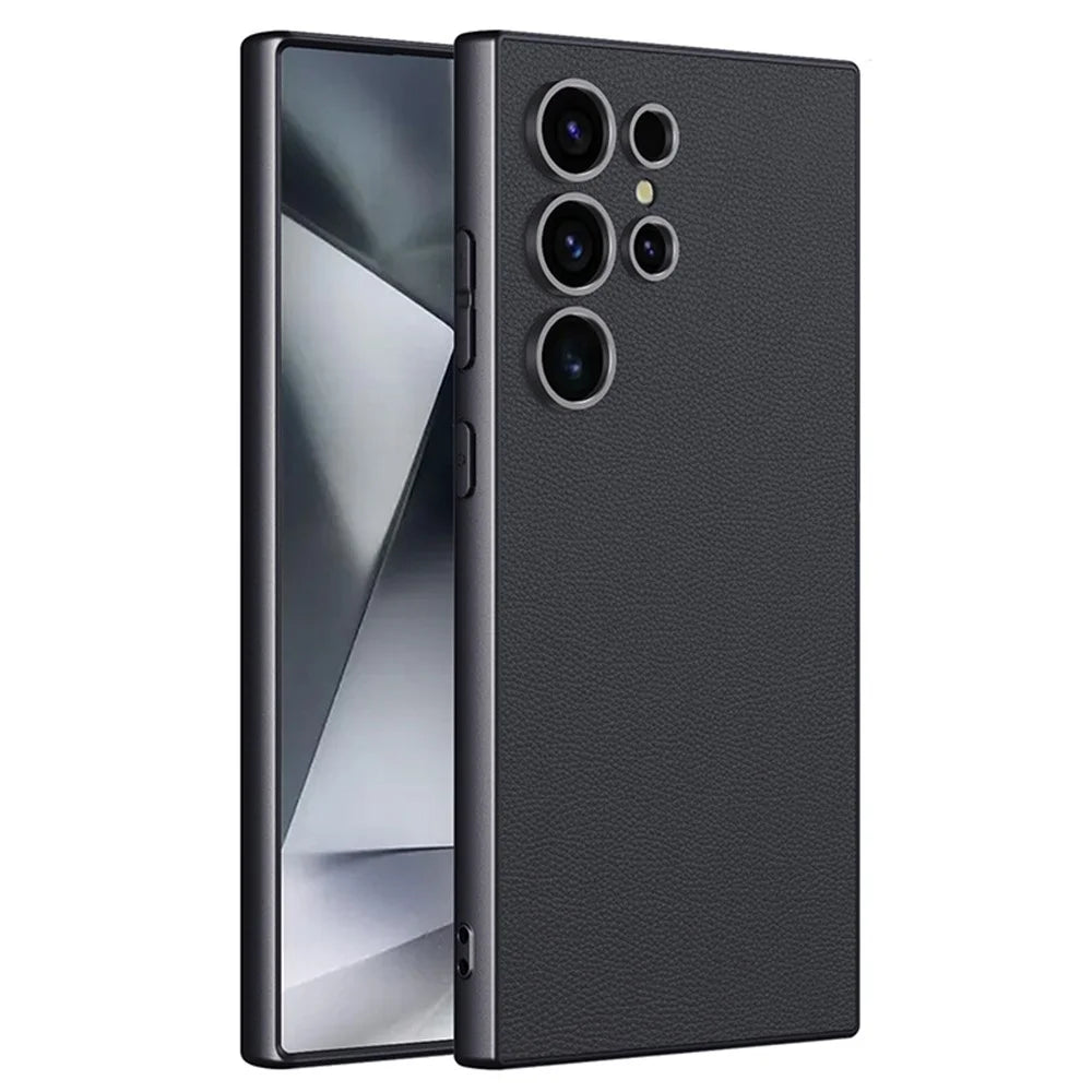 For Samsung Galaxy S25 Ultra Case Anti Drop Matte Skin-Touch Metal Paint PU Leather + TPU Phone Cover - Titanium Black - 1