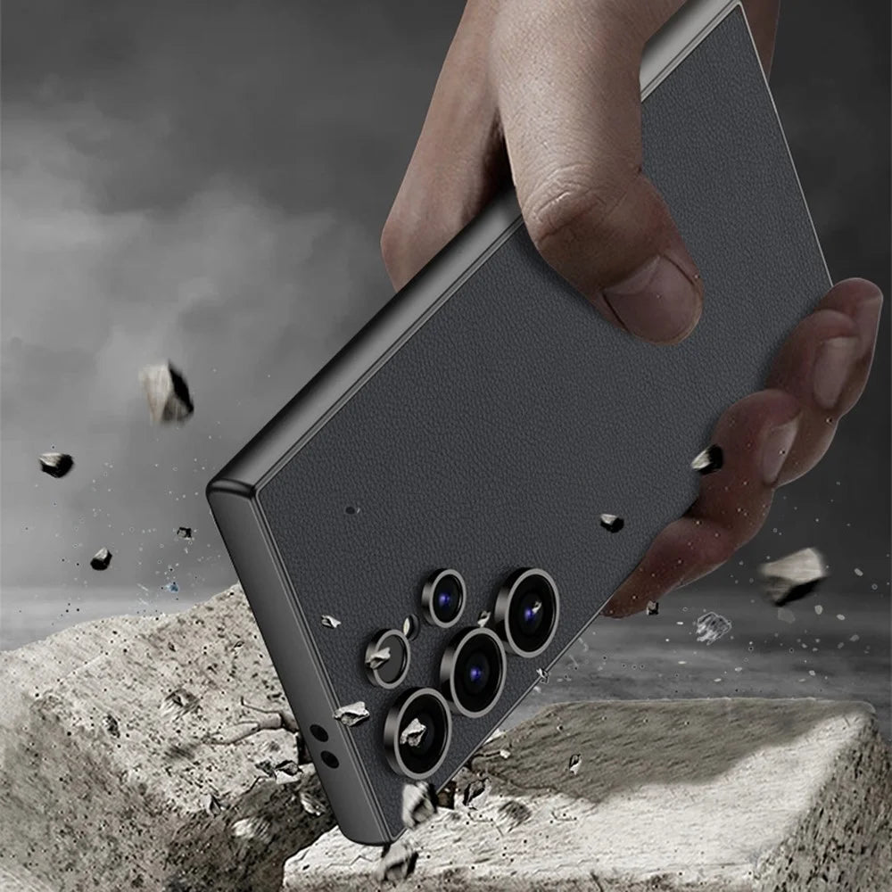 For Samsung Galaxy S25 Ultra Case Anti Drop Matte Skin-Touch Metal Paint PU Leather + TPU Phone Cover - Titanium Black - 3