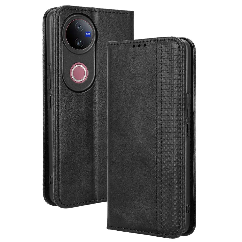 For vivo V50 5G Case Wallet Stand Retro Texture Leather Phone Cover - Black - 1