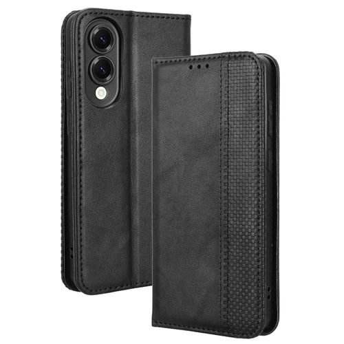 For Samsung Galaxy S25 Edge Case Wallet Stand Retro Texture Leather Phone Cover - Black - 1