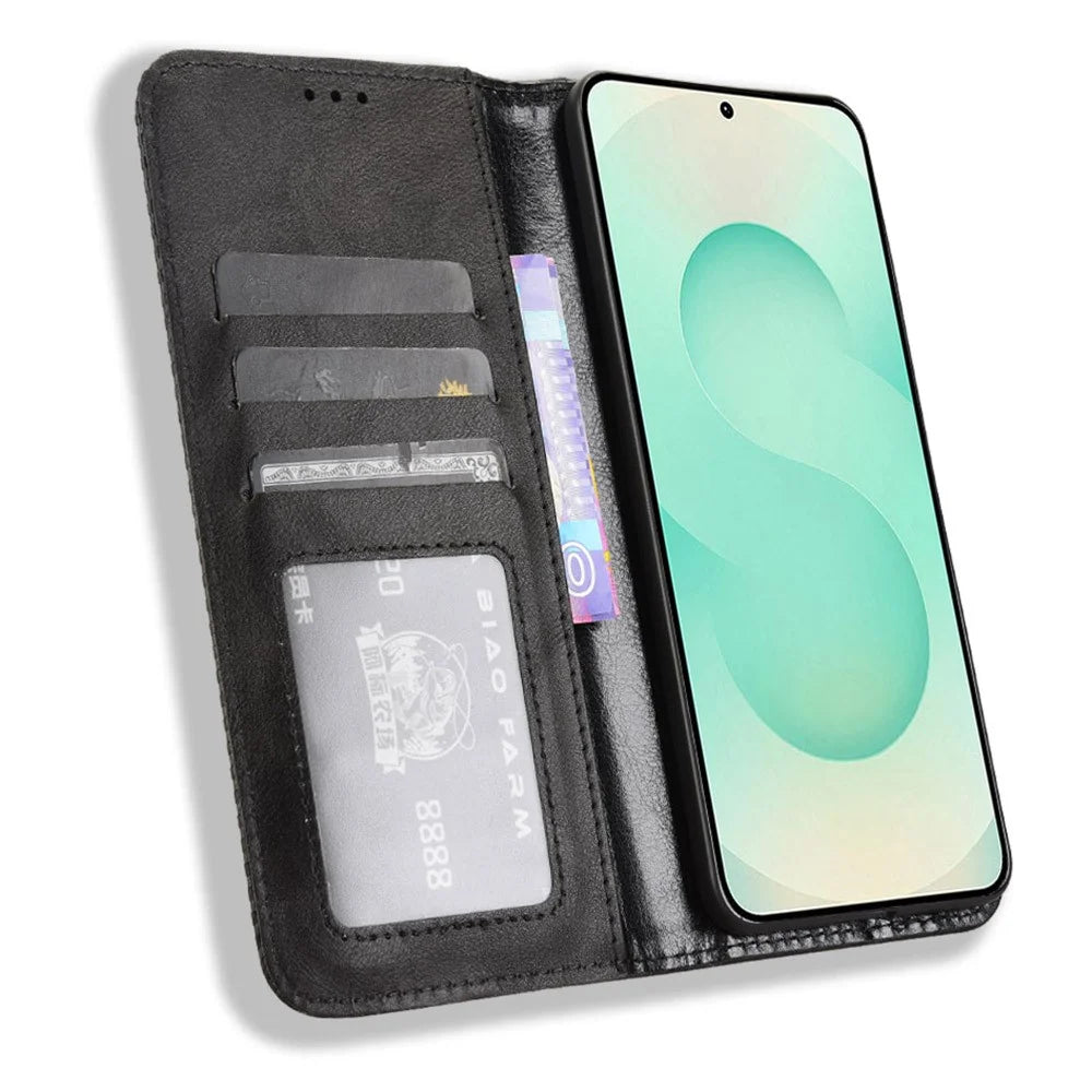 For Samsung Galaxy S25 Edge Case Wallet Stand Retro Texture Leather Phone Cover - Black - 3
