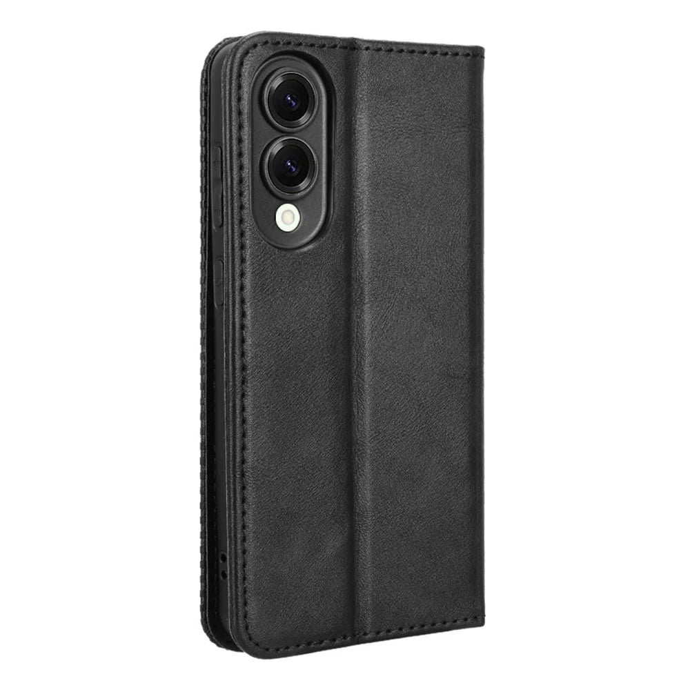 For Samsung Galaxy S25 Edge Case Wallet Stand Retro Texture Leather Phone Cover - Black - 7