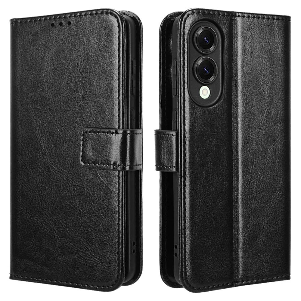 For Samsung Galaxy S25 Edge Case Crazy Horse Texture PU Leather Phone Wallet Cover - Black - 1