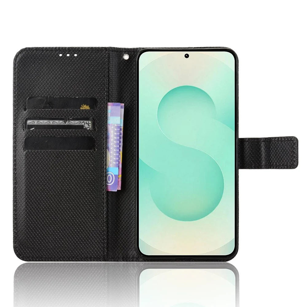 For Samsung Galaxy S25 Edge Case PU Leather Diamond Texture Wallet Phone Cover - Black - 3