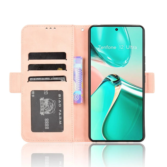 For Asus Zenfone 12 Ultra 5G Case Wallet Leather Phone Cover with Multiple Card Slots - Pink - 3