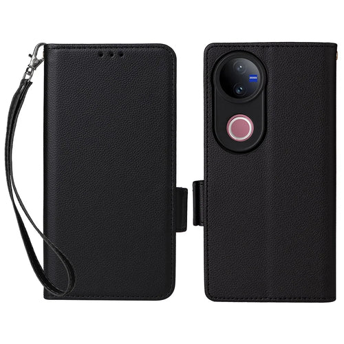 For vivo V50 5G Case with Wrist Strap Litchi Texture PU Leather Wallet Phone Cover - Black - 1
