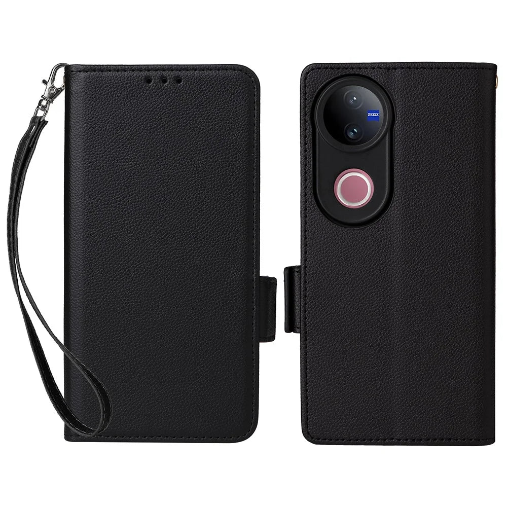 For vivo V50 5G Case with Wrist Strap Litchi Texture PU Leather Wallet Phone Cover - Black - 1