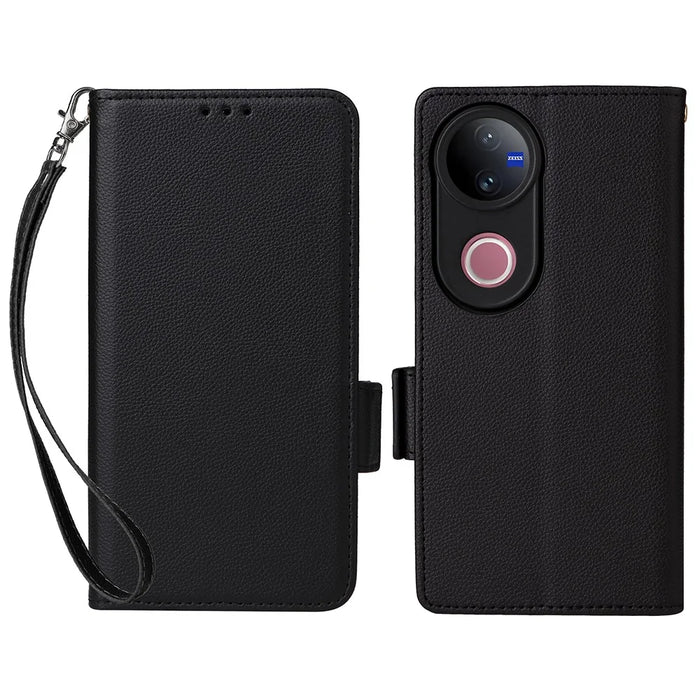 For vivo V50 5G Case with Wrist Strap Litchi Texture PU Leather Wallet Phone Cover - Black - 1