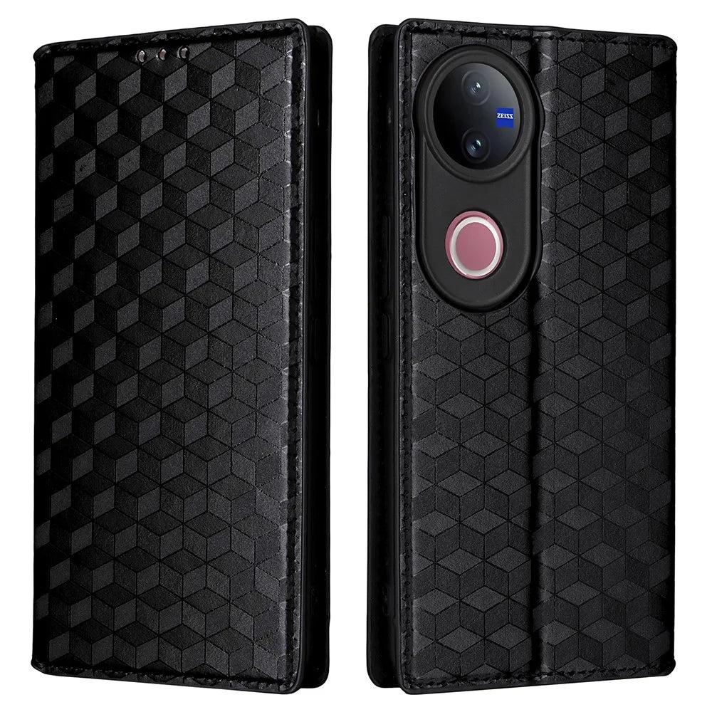 For vivo V50 5G Case Wallet Rhombus Imprinted Leather Phone Cover - Black - 1