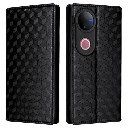 For vivo V50 5G Case Wallet Rhombus Imprinted Leather Phone Cover - Black - 1